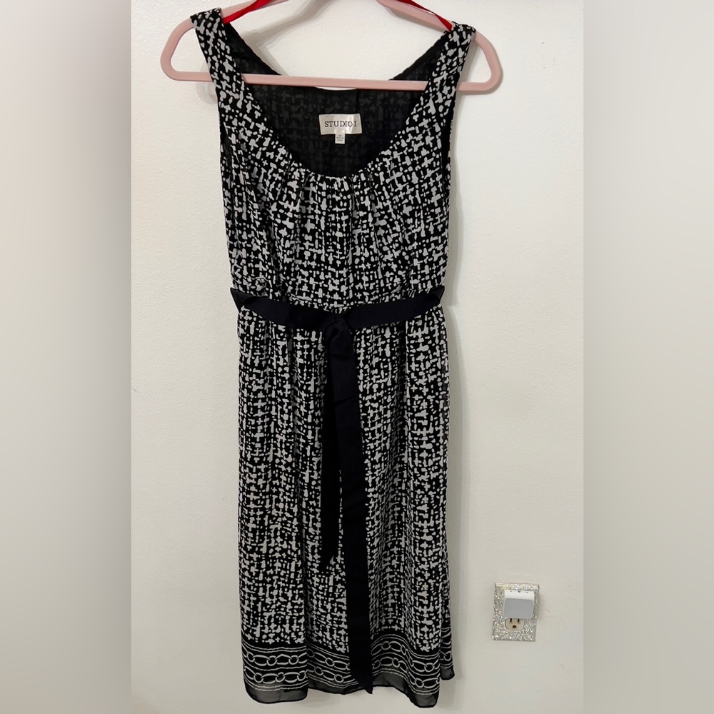 Studio I black & white dress with black slash.